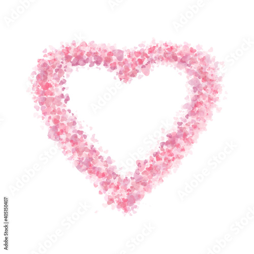 Heart made of pink petals on white background.