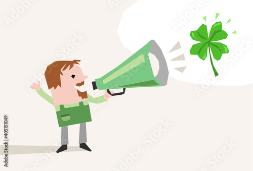 Cartoon Gardener with megaphone, giving a Luck Message