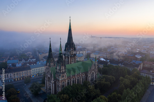 Aerial veiw on Elizabeth church in Lviv, Ukraine from drone