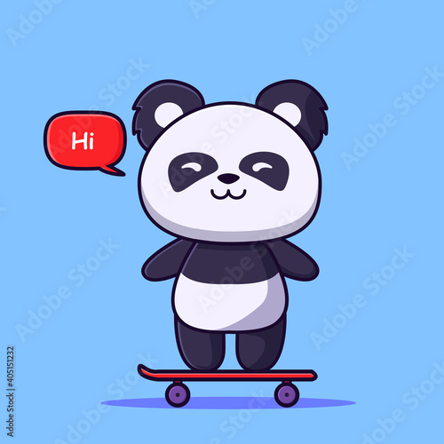 cute little panda with skateboard say hi  cute panda vector illustration for logo mascot