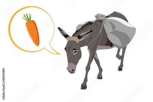 Donkey carries a heavy load, a big bag and speech bubble with the carrot he dreams of. Cartoon colorful vector illustration.