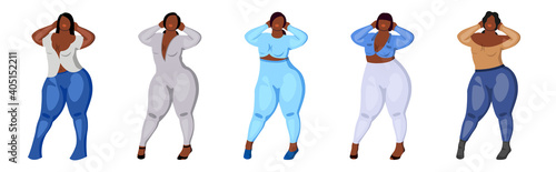 Images of five black women in different clothes with different hairstyles. Designer clothes for body positive.