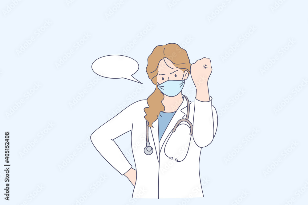 Aggression and rage concept. Young angry doctor in uniform and medical protective mask feeling mad frustrated furious and raising fist with anger vector illustration Aggression and rage concept. Young angry doctor in uniform and medical protective mask feeling mad frustrated furious and raising fist with anger vector illustration