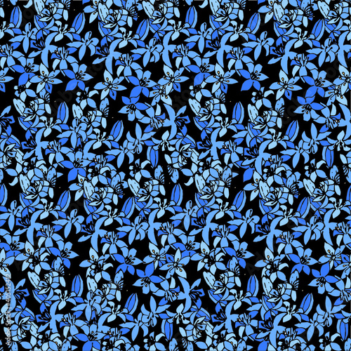 Blue snowdrop seamless pattern on black nature art design elements stock vector illustration for web, for print, for fabric print