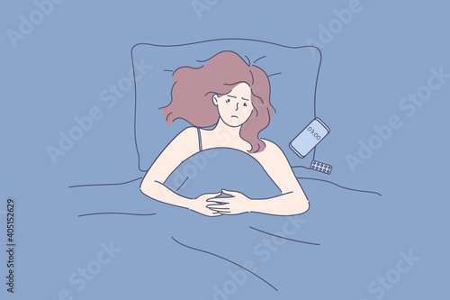 Suffering from sleep disorder and insomnia concept. Young tired sad sleepless girl lying in bed with smartphone and suffering from insomnia trying to fall asleep vector illustration  photo