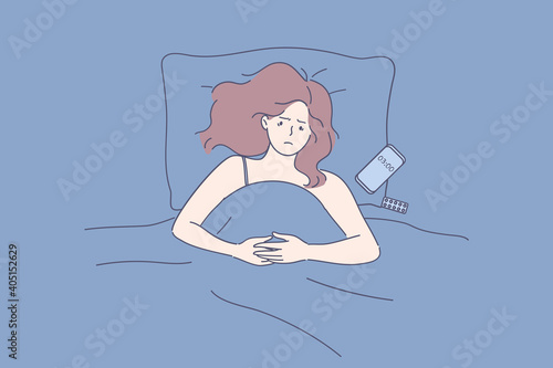 Suffering from sleep disorder and insomnia concept. Young tired sad sleepless girl lying in bed with smartphone and suffering from insomnia trying to fall asleep vector illustration 