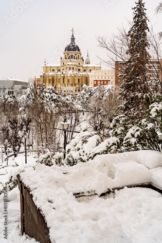 Snowy views of madrid from the park of las vistillas, in the filomena storm. photo