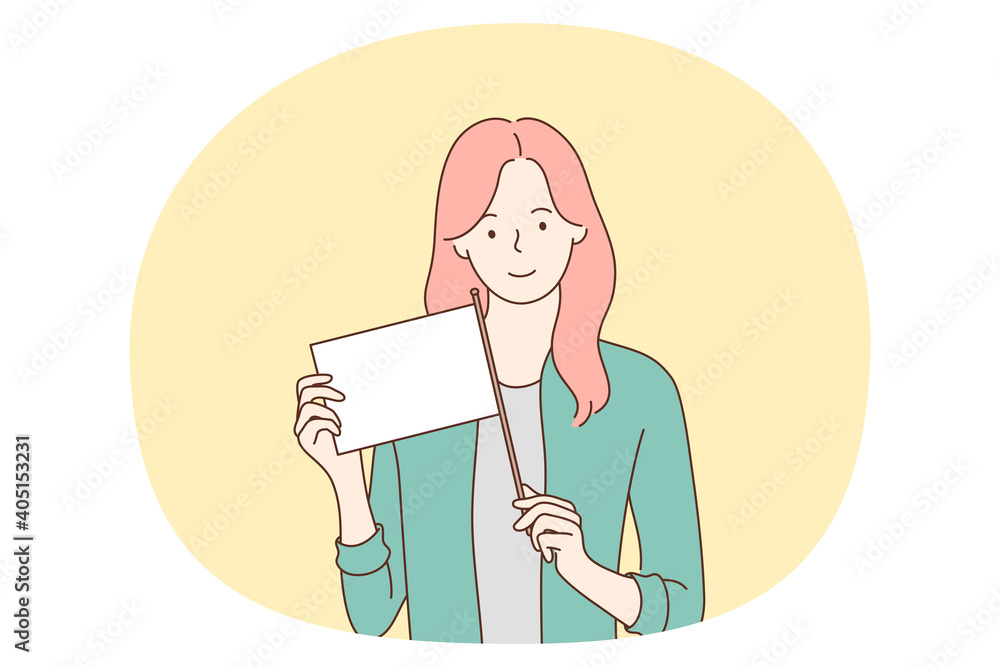 Demonstration, flag, mockup for text concept. Young smiling woman cartoon character standing holding white flag with copy space for text template in hands for announcement vector illustration Demonstration, flag, mockup for text concept. Young smiling woman cartoon character standing holding white flag with copy space for text template in hands for announcement vector illustration