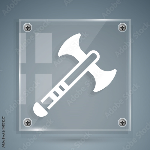 White War axe icon isolated on grey background. Battle axe, executioner axe. Medieval weapon. Square glass panels. Vector.