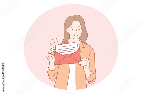 Letter, postcard, invitation concept. Young happy woman cartoon character standing holding open envelope with letter invitation or personal sale for holiday letter vector illustration 