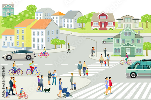 Stadtansicht mit Menschen und Straßenverkehr, Illustration