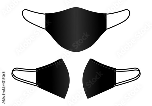 Anti-Dust Black Face Mask Fabric Vector .Front and Side View.