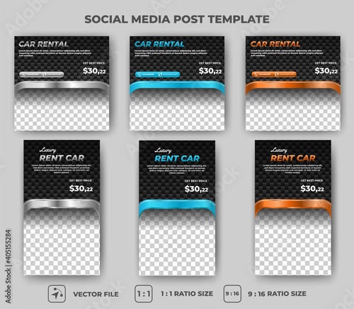 Set of Editable promotional banner template. Car rental social media post with different frame color. Flat design vector with photo collage. Usable for social media feed, story, stories, and banner.