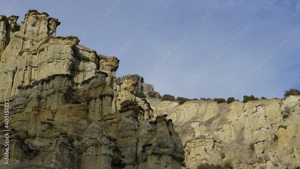 View of the Kuladokiya mountains. An unusual volcanic rock formation in the city of Kula, Turkey.