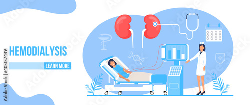 Hemodialysis concept vector. Method of extrarenal blood purification in acute and chronic renal failure. Tiny doctors treat, test kidneys.