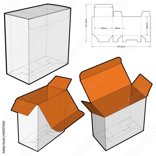 Simple Packaging Box (Internal measurement 12x6x12cm) and Die-cut Pattern. The .eps file is full scale and fully functional. Prepared for real cardboard production.