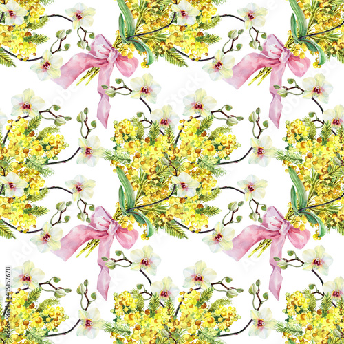Fototapeta Naklejka Na Ścianę i Meble -  Watercolor bouquet of mimosa and orchid on white background. Bouquet flowers with ribbon. Spring seamless pattern.