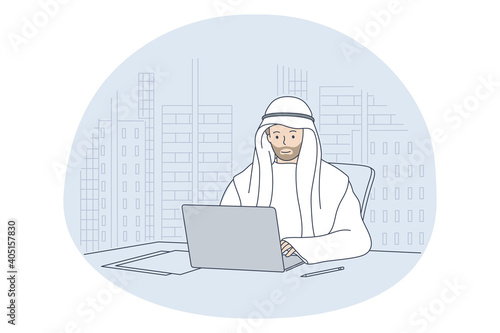 Arab people working in office concept. Young positive saudi muslim businessman cartoon character sitting in office with laptop and working online on project. Working process and international team