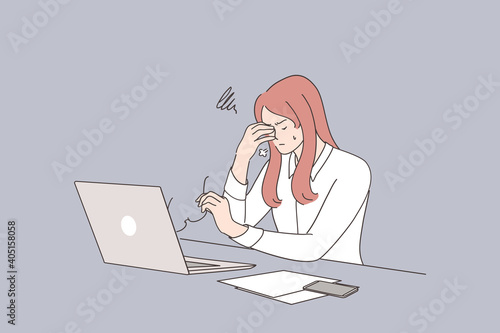 Stress, burnout, overwork concept. Young stressed businesswoman cartoon character witting touching head working on laptop feeling worried, tired and overwhelmed vector illustration 