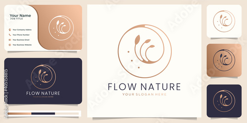 minimalist flow nature logo vector template. creative concept of flow nature with leaf minimalist circle line art style. vector illustration with business card template. premium vector