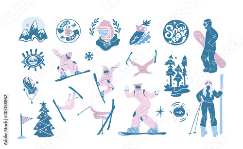 Collection of snowboarders and skier sticker.Extreme winter mountain activity.Set of people wearing outfit riding snowboard.Vector illustration in flat cartoon style.active lifestyle.Christmas tree