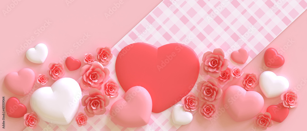 Flat lay. Valentine's day and Roses Flower on Pink Background and Red Heart With Cute love sale banner or greeting card - 3d rendering