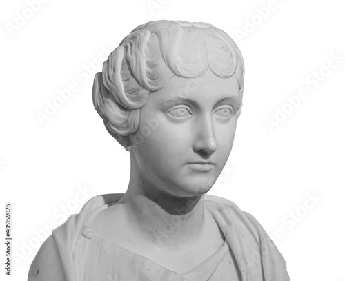 Ancient white marble sculpture bust of Faustina the Younger. Wife of Roman Emperor Marcus Aurelius. Statue of young woman isolated on white