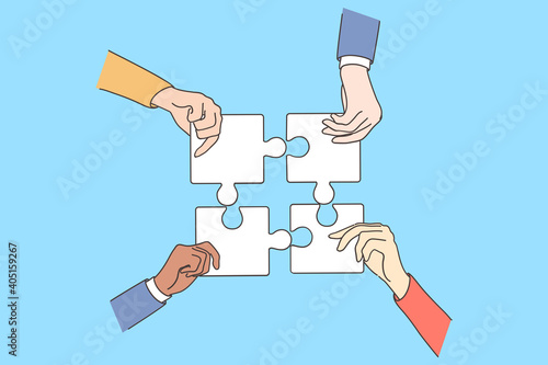 Teamwork, collaboration, suites strategy concept. Group of business people partners colleagues hands trying to connect puzzle pieces together in office vector illustration 