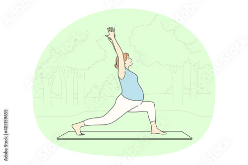 Pregnancy, motherhood, active lifestyle of pregnant woman concept. Young happy pregnant woman cartoon character exercising and practicing yoga and meditation on fitness mat in park outdoors