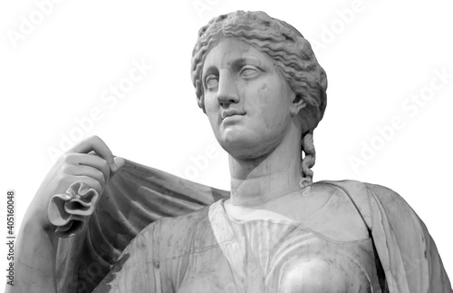 Ancient white marble sculpture bust of Hygieia. Goddess of good health, cleanliness, and sanitation. Statue of woman isolated on white
