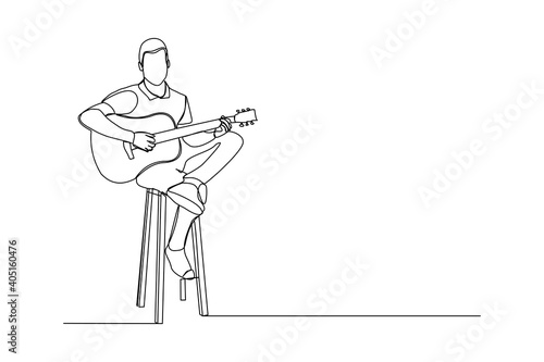 Continuous line drawing of a man playing guitar. Single one line art of musician guitarist vector illustration.