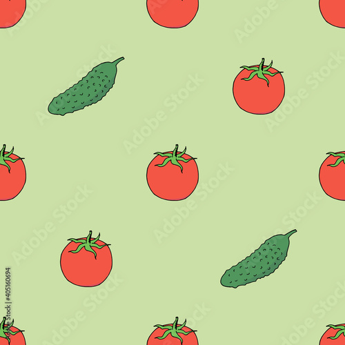 Fototapeta Naklejka Na Ścianę i Meble -  Seamless pattern with tomato and cucumber on light green background. Vector image.