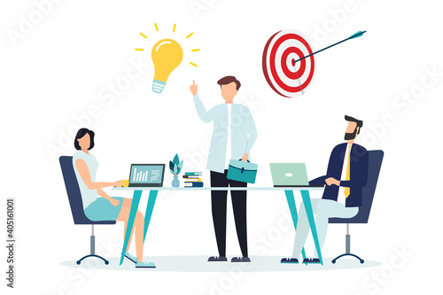 Strategy. Team discusses about business strategy. Vector illustration