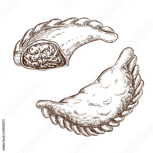 fried traditional pastry stuffed with meat, cheese, vegetables isolated on white. savoury pastries with stuffing illustration. national cuisine, baked empanadas burekas, panzerotti, hachapuri sketch