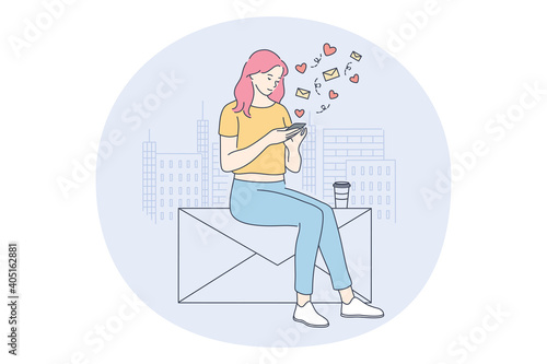Smartphone, online communication and dating concept. Young girl cartoon character sitting with smartphone in hands, chatting, searching information in internet, calling, dating, communicating online 