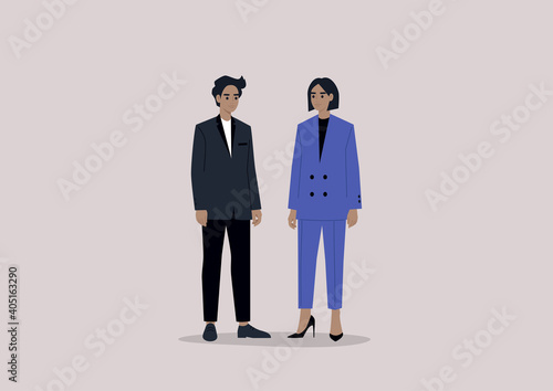 Business people wearing smart casual clothes, gender balance at work, equal opportunities in career
