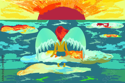 Girl sitting on the clouds above the waves at sunset.  Pencil and watercolor drawing translated into vector.