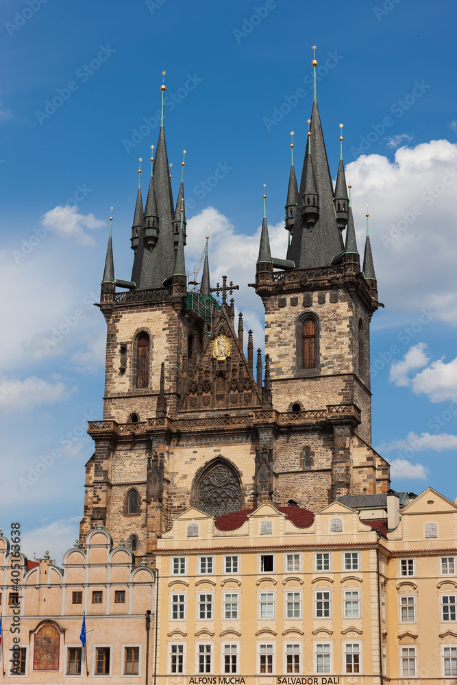A low angle shot of Church of Our Lady before Tyn in Prague