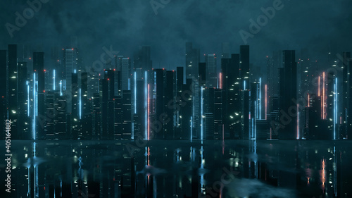3D Rendering of abstract neon mega city with light reflection from puddles on street. Concept for night life, never sleep business district center (CBD)Cyber punk theme. 