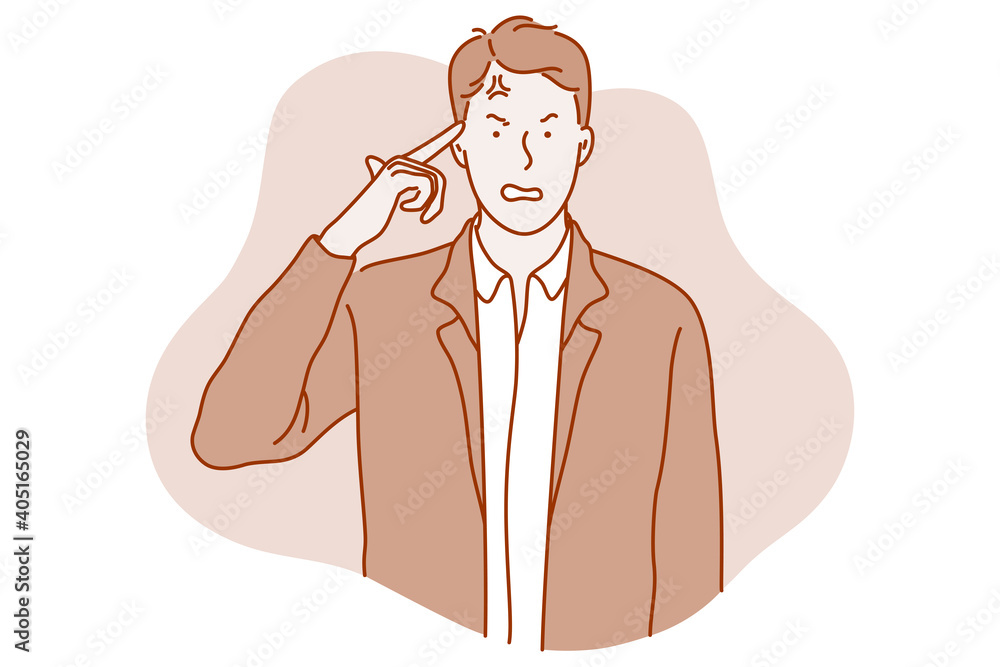 Stress, overwork, burnout concept. Unhappy depressed stressed young businessman office worker touching head with finger, feeling stressed and tired vector illustration. Exhaustion, depression Stress, overwork, burnout concept. Unhappy depressed stressed young businessman office worker touching head with finger, feeling stressed and tired vector illustration. Exhaustion, depression