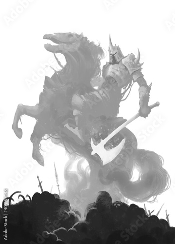 Dead knight rider on a ghost horse with an ax on a hill of skulls illustration sketch art. Horseman of the apocalypse on a dead stallion.