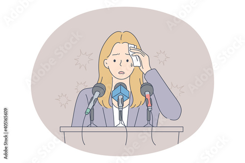 Stress, mental disorder, fear of public speaking concept. Young frustrated stressed woman speaker standing on tribune swiping sweat with napkin feeling afraid scared terrified with public presenting 