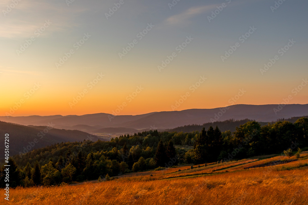 Sun setting over a horizon of orange hills with a coniferous tree on the left and clouds moving in the background over the Beskydy countryside.