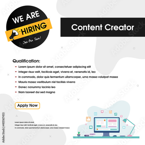 Job vacancy template. We are hiring, job vacancy social media content. Recruitment content creator position