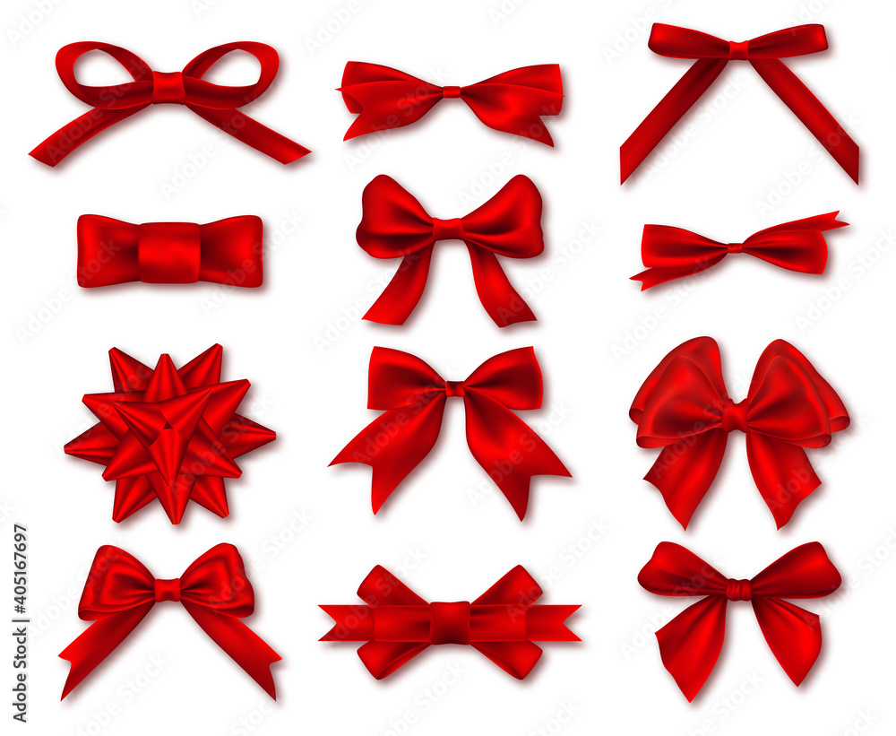 Red ribbon bows. Set of red gift bows. Vector illustration. Concept for invitation, banners, gift cards