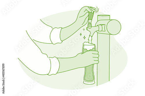 Draft beer from tap, brewery and bar concept. Hands of bartender barista pouring fresh frothy beer from tap to glass serving to customer vector illustration. Ale later drink and oktoberfest 