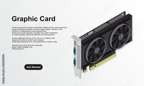 3d isometric video graphic card. Video Graphics Card for cryptocurrency mining or gaming. Personal computer hardware components. GPU Graphic card illustration