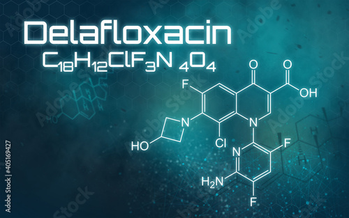 Chemical formula of Delafloxacin on a futuristic background