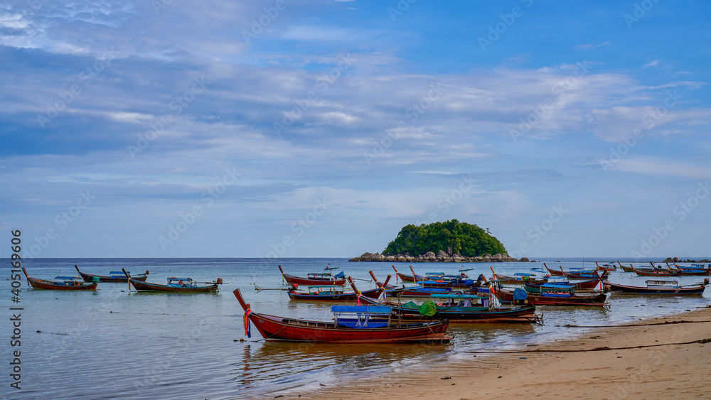 Lipe islands seascape view with fisherman boat and blue skyline
