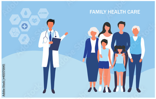 Family doctor health care concept, mother, father, children and older people visiting doctor to check their health vector illustration. Medical family health care concept